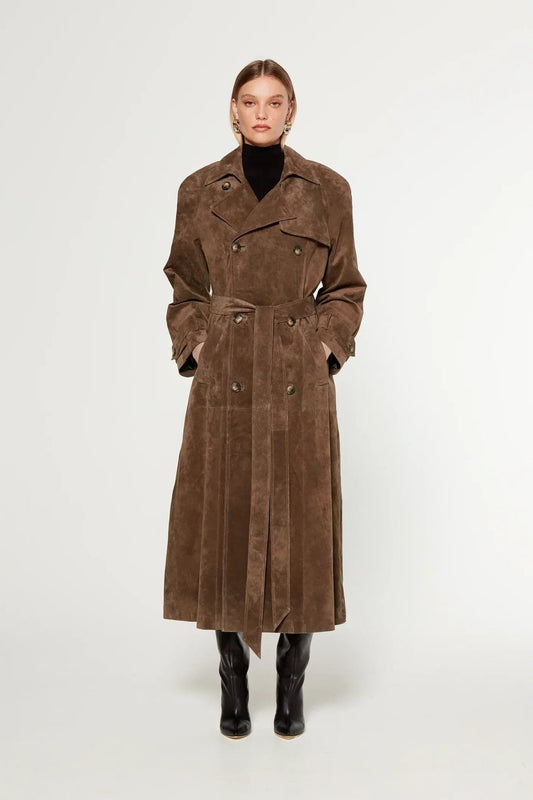 Suede Double-Breasted Trench Coat with Belt for Women 0