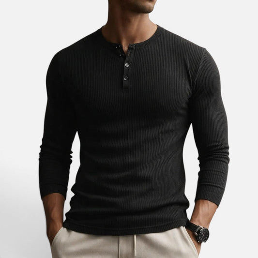 Heren Longsleeve met Geribde Structuur en Knoopsluiting