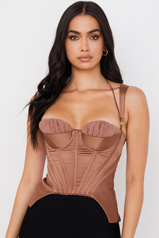 Helvara - Toffee Satijnen Korset met Peplum
