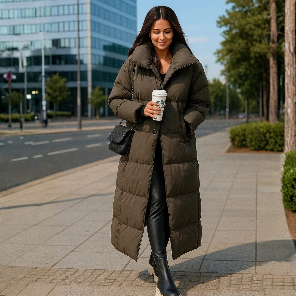 Dames Elegante Lange Winterjas – Warm Gevoerd, Zwart, Ideaal voor Koude Seizoenen en Casual Outfits