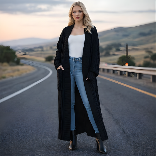 Dames Lange Gebreide Cardigan – Effen, Comfortabel voor Winter, Met Pompons