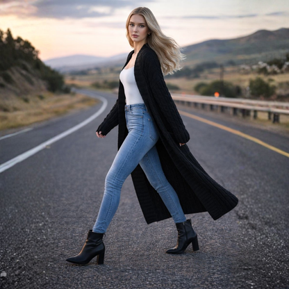 Dames Lange Gebreide Cardigan – Effen, Comfortabel voor Winter, Met Pompons