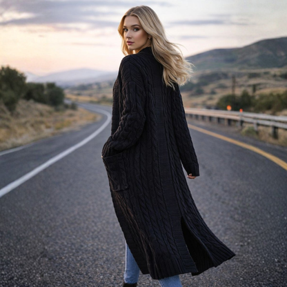 Dames Lange Gebreide Cardigan – Effen, Comfortabel voor Winter, Met Pompons