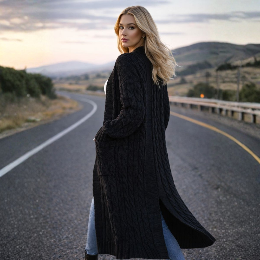 Dames Lange Gebreide Cardigan – Effen, Comfortabel voor Winter, Met Pompons