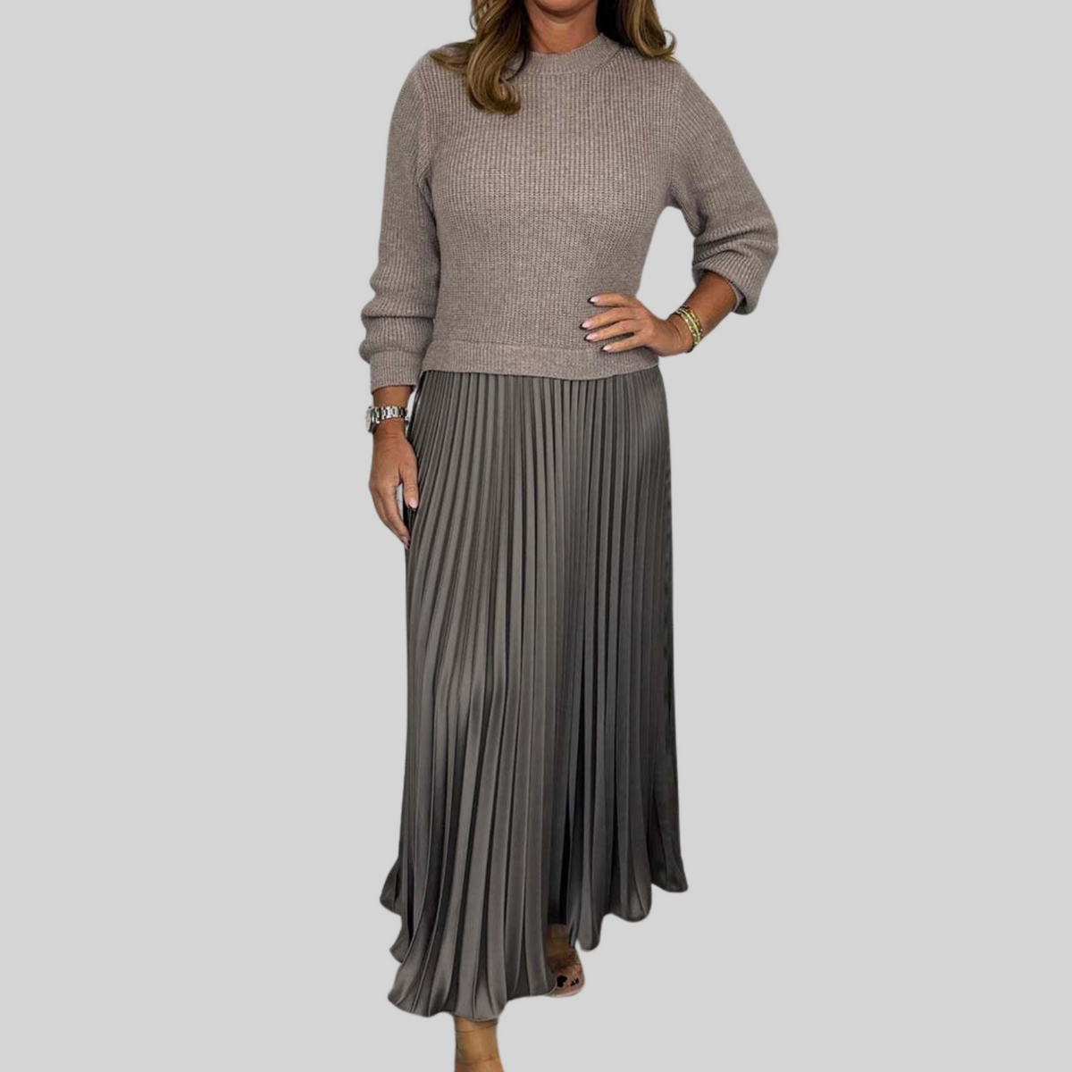 Dames Midi Jurk met Gebreide Top en Plooirok