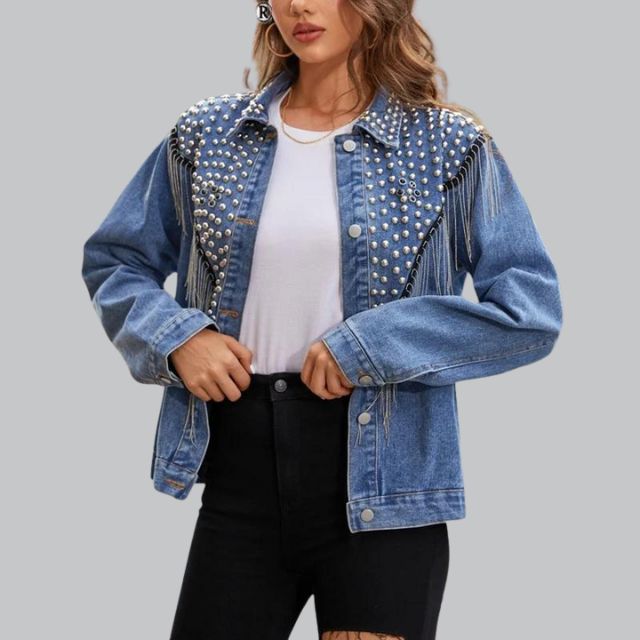 Livia - Chic Denimjasje met Parels