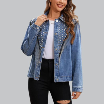 Livia - Chic Denimjasje met Parels