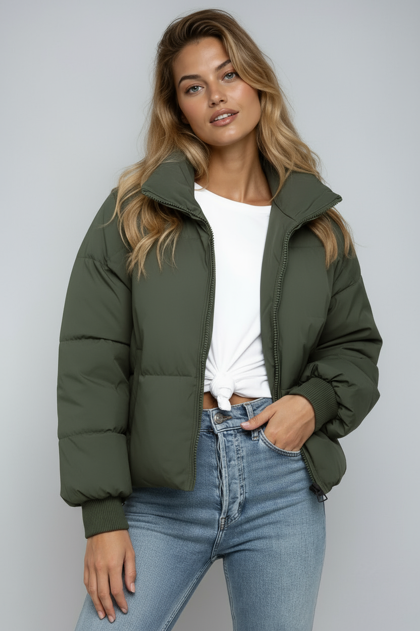Dames Gewatteerde Puffer Jas – Kort Model met Rits, Zwart, Lichtgewicht voor Herfst en Winter