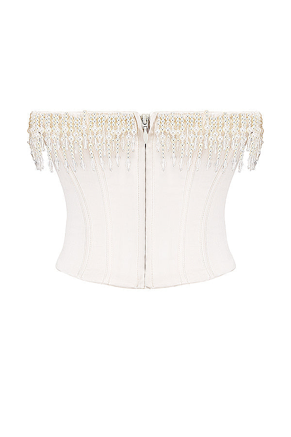 Helisabeth - Vintage Crème Korset met Parelversiering