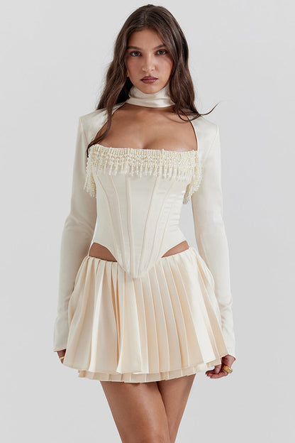 Helisabeth - Vintage Crème Korset met Parelversiering