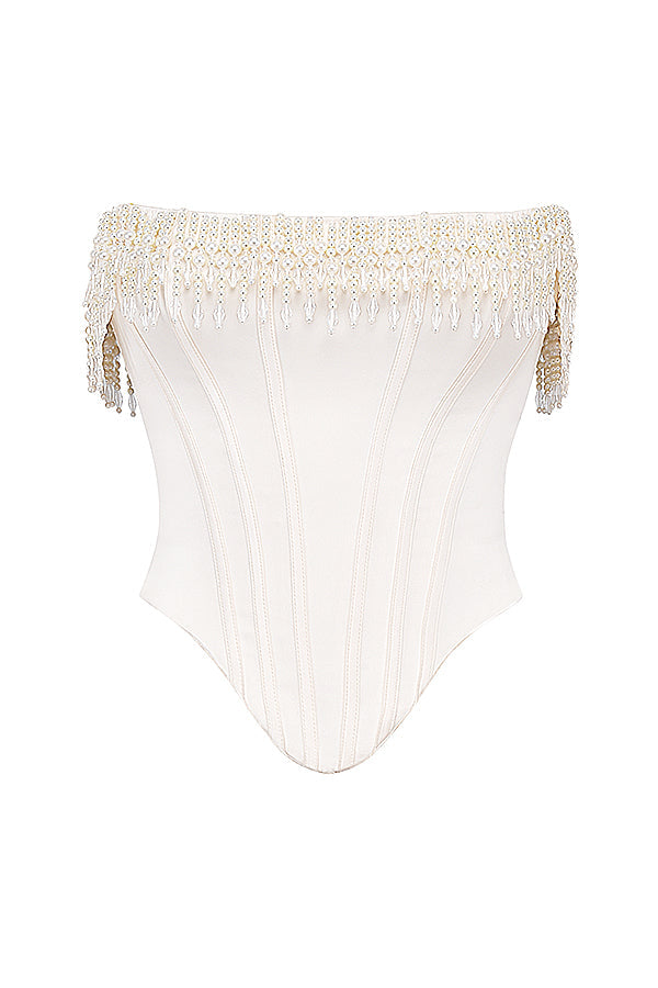 Helisabeth - Vintage Crème Korset met Parelversiering