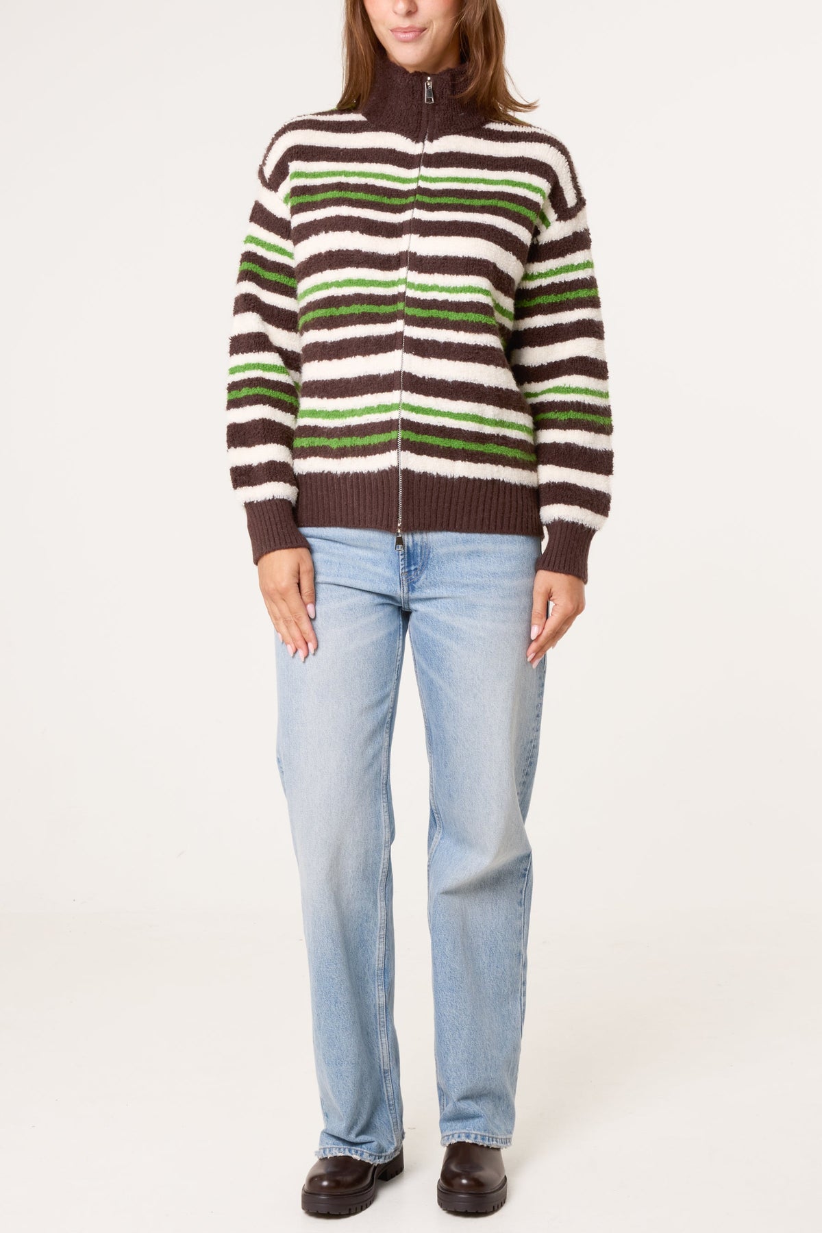 Dames Winter Trui met Rits - Gestreepte Coltrui Chocoladebruin