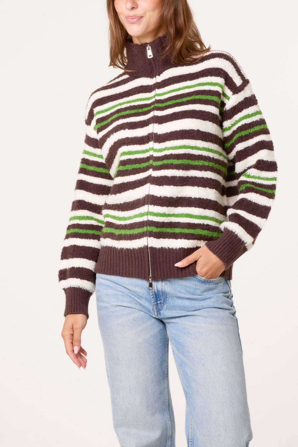 Dames Winter Trui met Rits - Gestreepte Coltrui Chocoladebruin