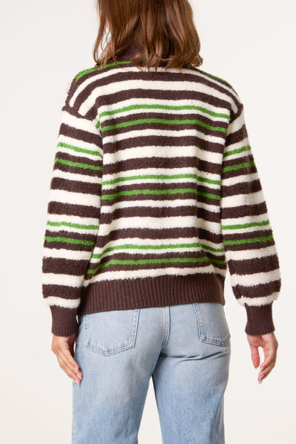 Dames Winter Trui met Rits - Gestreepte Coltrui Chocoladebruin