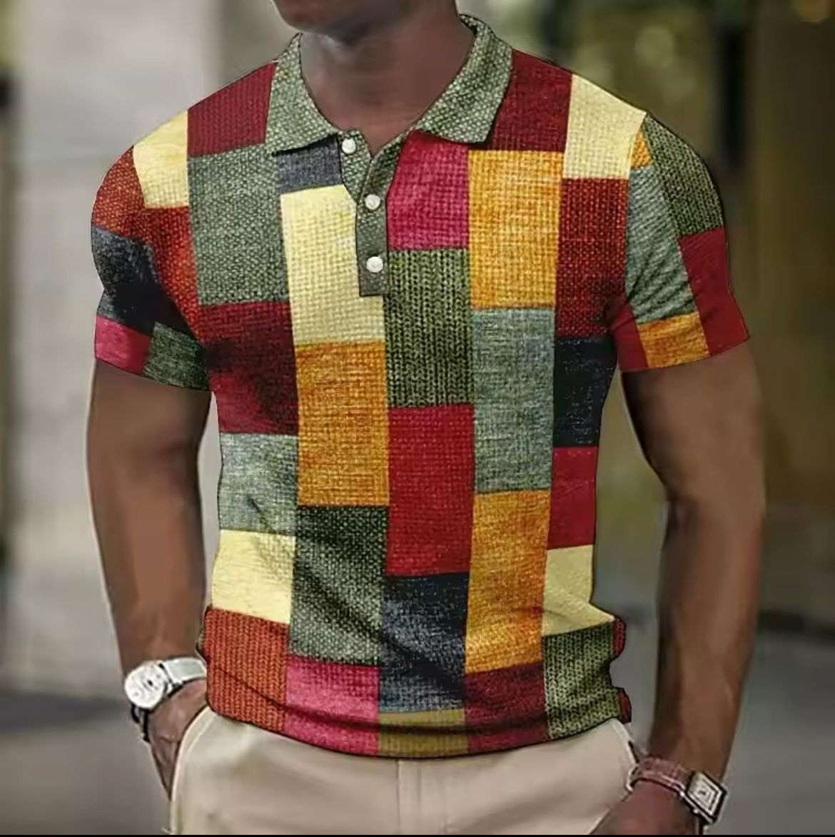 Heren Polo Shirt met Patchwork Ruitprint