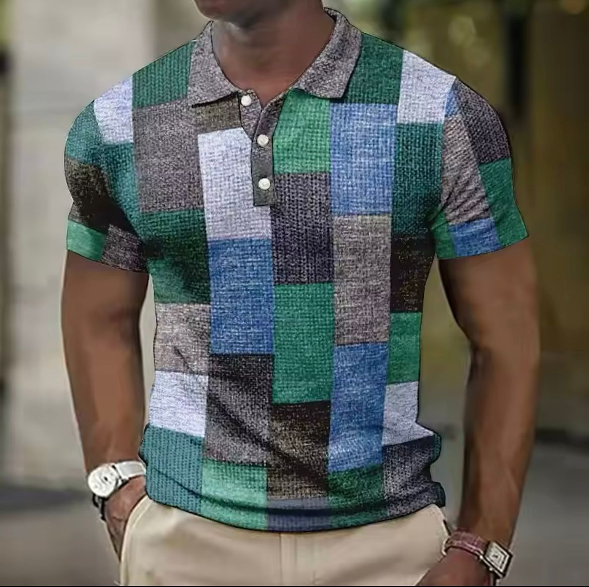 Heren Polo Shirt met Patchwork Ruitprint
