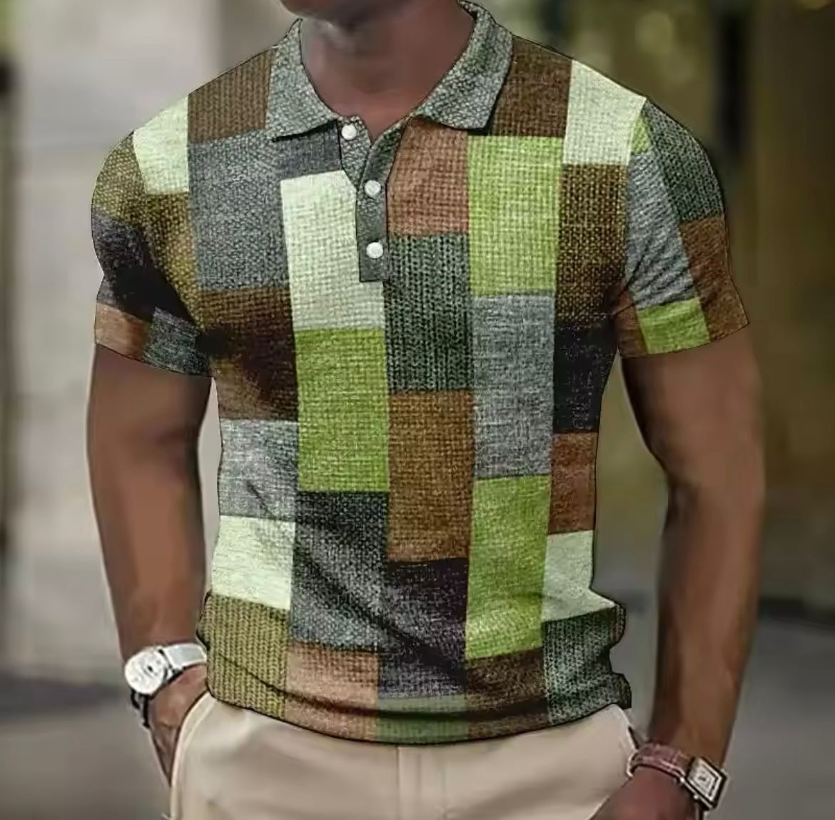 Heren Polo Shirt met Patchwork Ruitprint