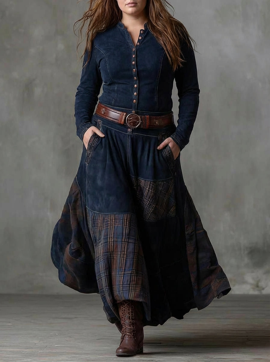 Dames Maxi Jurk Ruitprint Suède Look met Riem