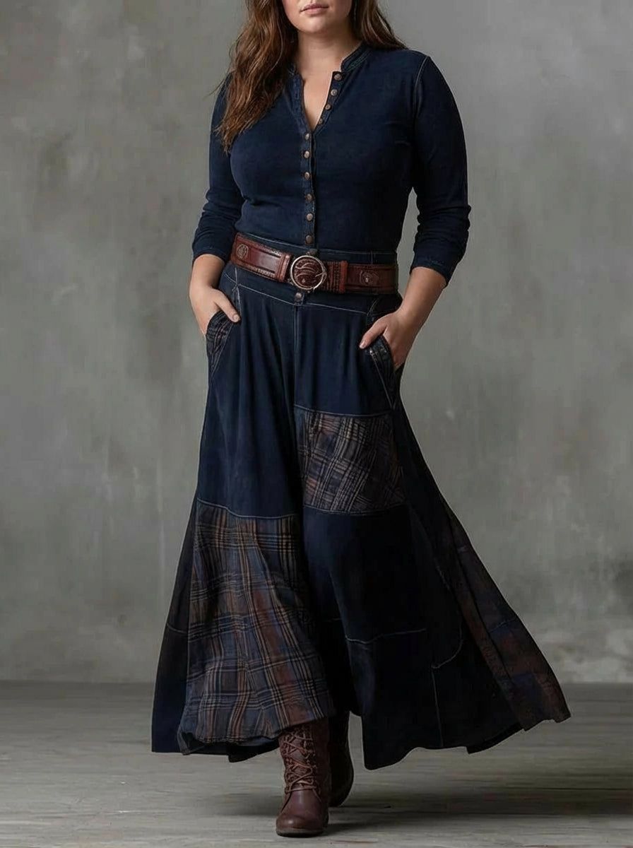 Dames Maxi Jurk Ruitprint Suède Look met Riem