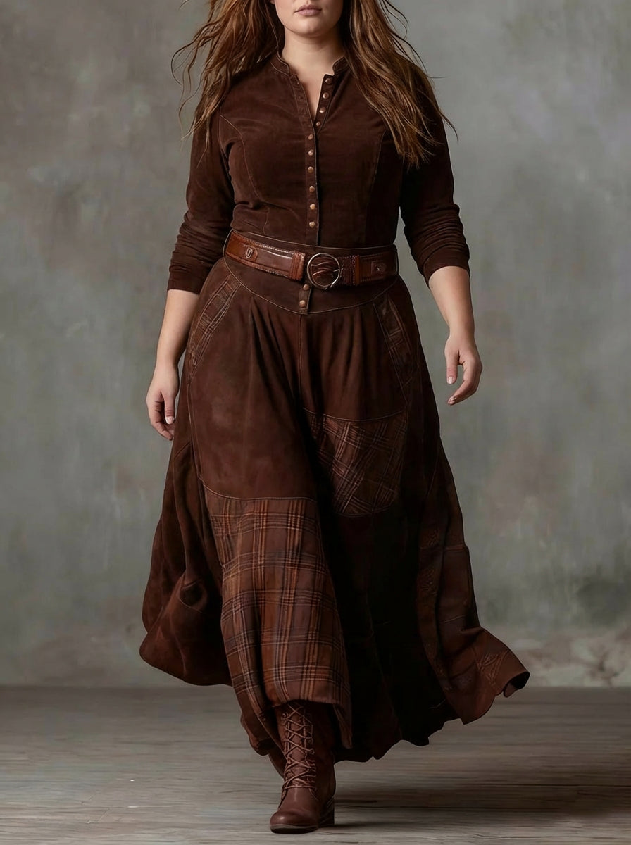 Dames Maxi Jurk Ruitprint Suède Look met Riem