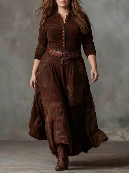 Dames Maxi Jurk Ruitprint Suède Look met Riem