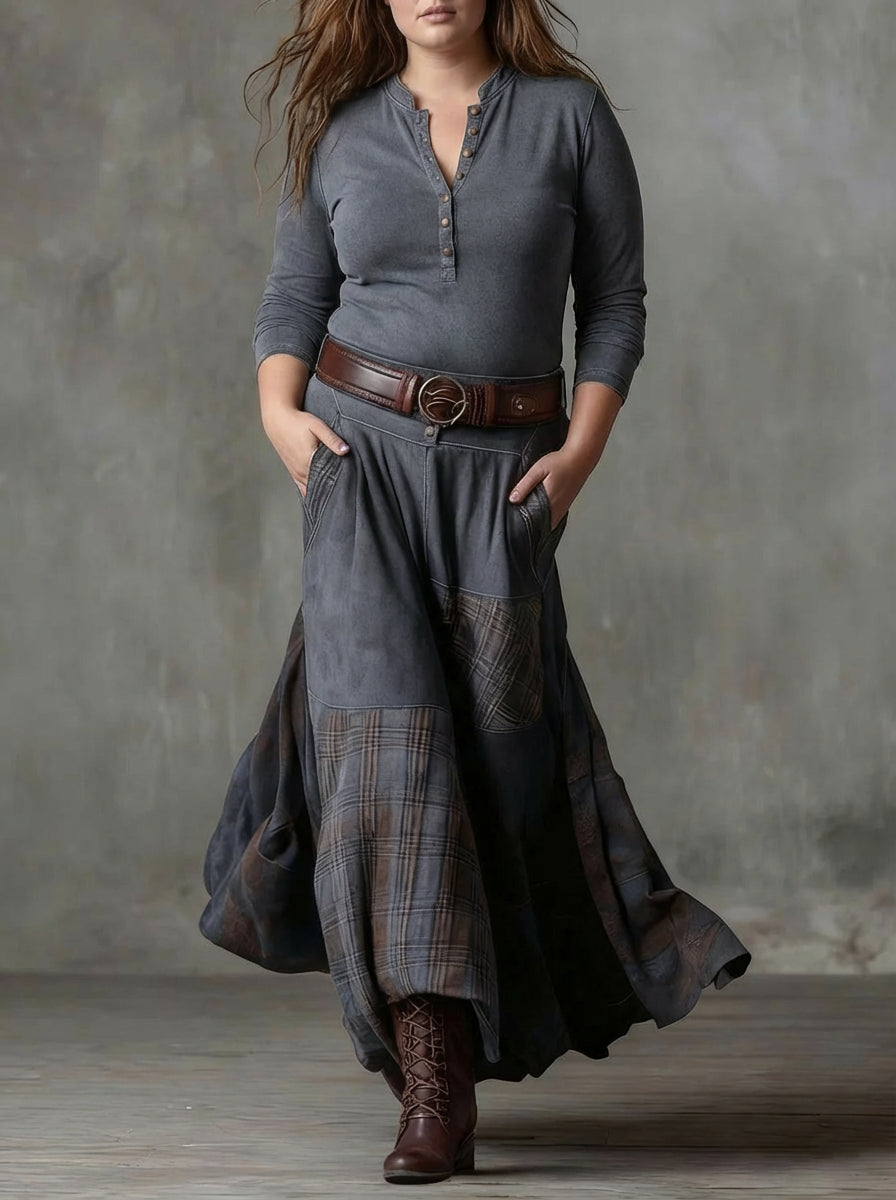 Dames Maxi Jurk Ruitprint Suède Look met Riem
