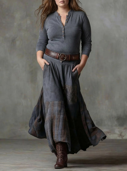 Dames Maxi Jurk Ruitprint Suède Look met Riem