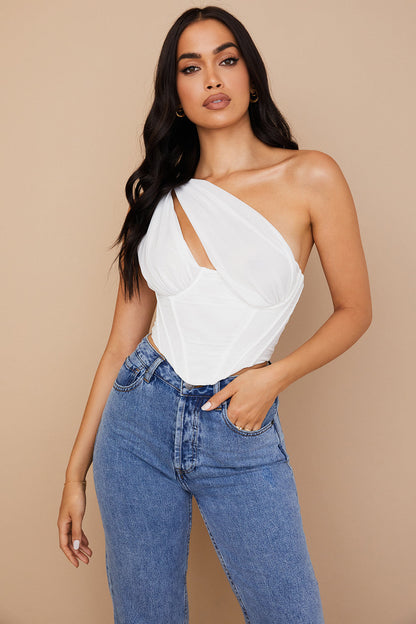Havienna - Witte Asymmetrische Top met Mesh en Uitsnede