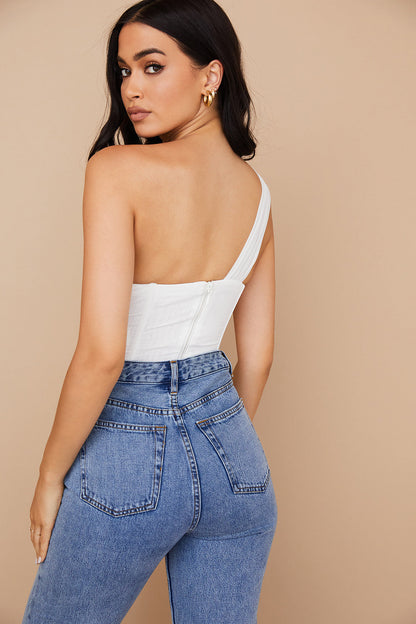 Havienna - Witte Asymmetrische Top met Mesh en Uitsnede
