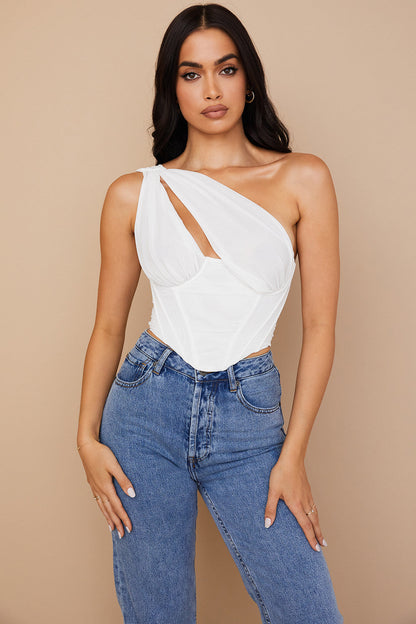 Havienna - Witte Asymmetrische Top met Mesh en Uitsnede