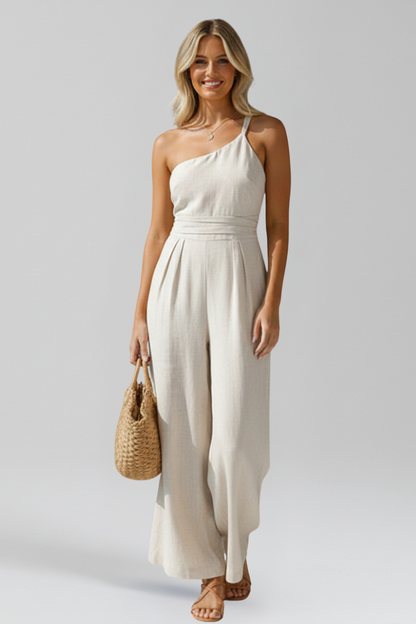 Dames Getailleerde Jumpsuit – Eén Schouder, Wijde Pijpen, Geschikt voor Casual en Feestelijke Gelegenheden