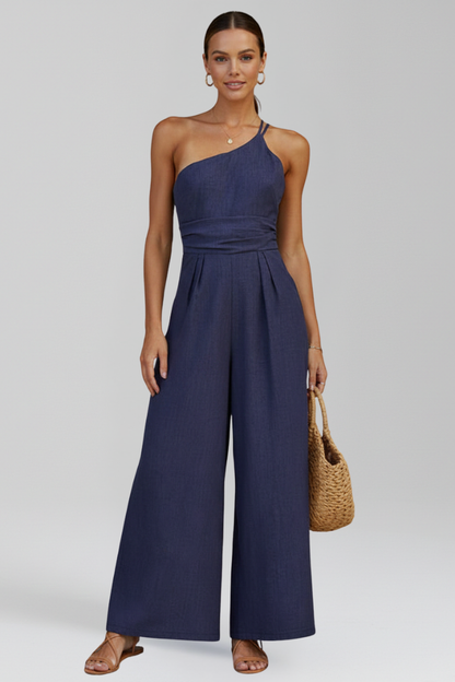 Dames Getailleerde Jumpsuit – Eén Schouder, Wijde Pijpen, Geschikt voor Casual en Feestelijke Gelegenheden