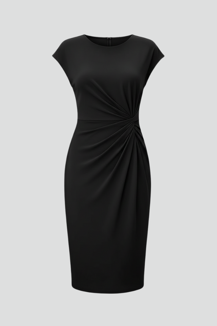 Dames Jurk Kniehoogte met Ronde Hals en Geplooide Taille