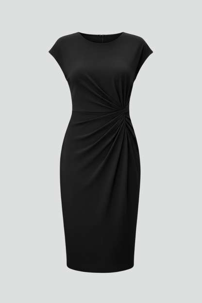 Dames Jurk Kniehoogte met Ronde Hals en Geplooide Taille