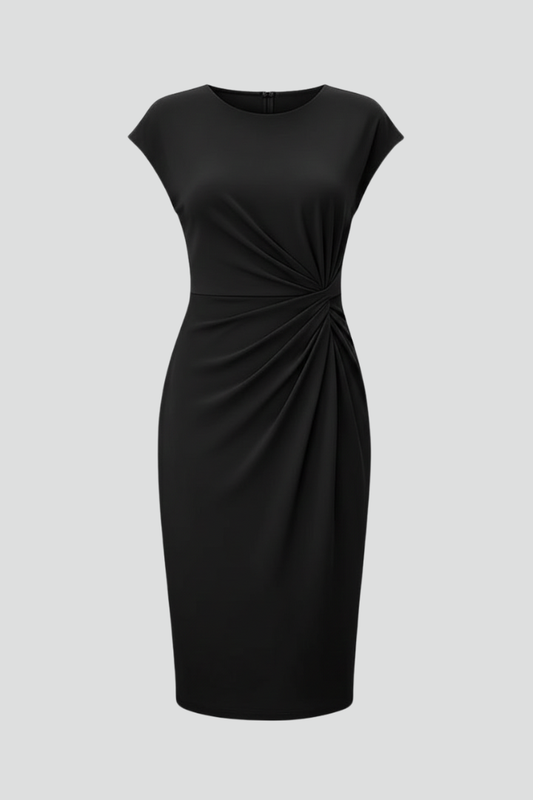 Dames Jurk Kniehoogte met Ronde Hals en Geplooide Taille