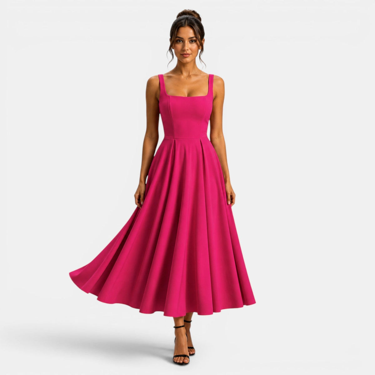Dames Midi Jurk met Bandjes en Vierkante Hals