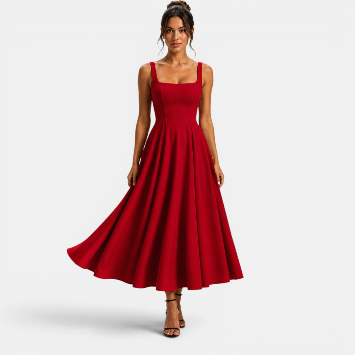 Dames Midi Jurk met Bandjes en Vierkante Hals