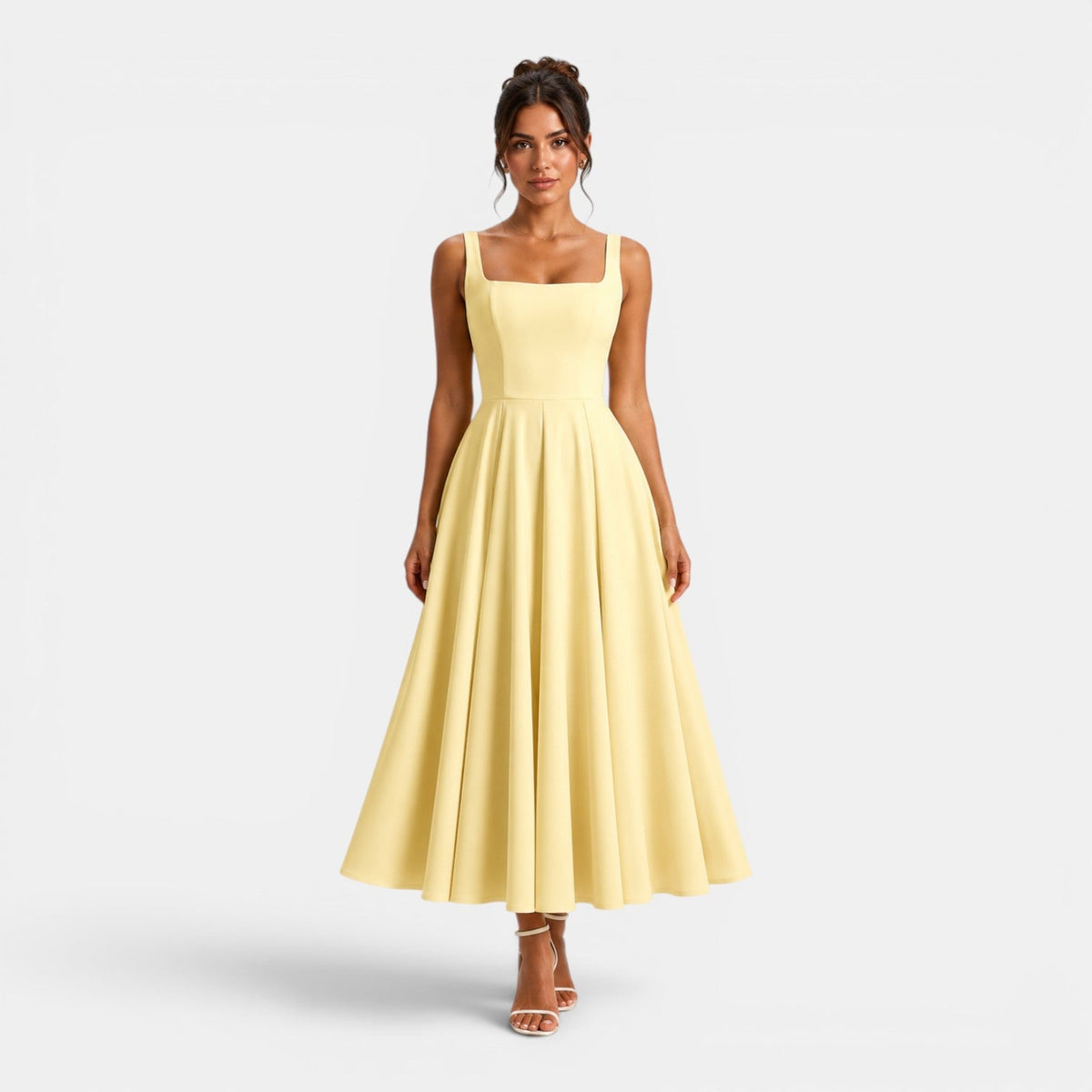 Dames Midi Jurk met Bandjes en Vierkante Hals