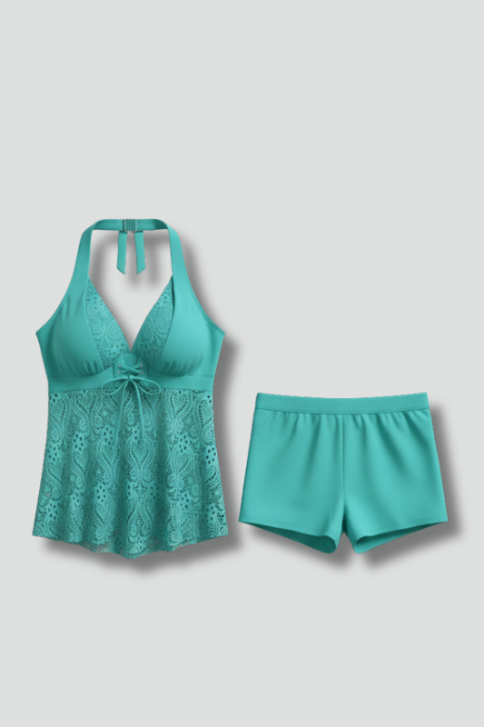 Dames V-hals Tankini Set – Met Kanten Overlay, Geschikt voor Zomer en Strandactiviteiten