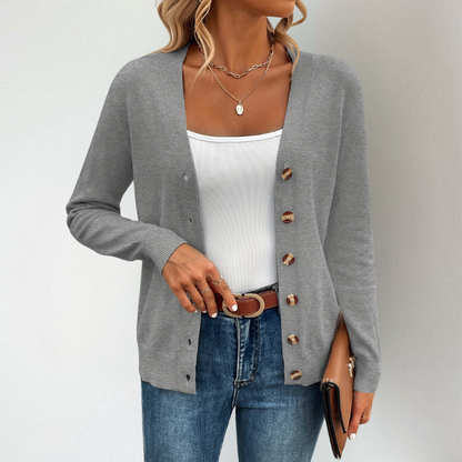 Women's Lightweight V-Neck Cardigan with Side Slits and Button Detail 4