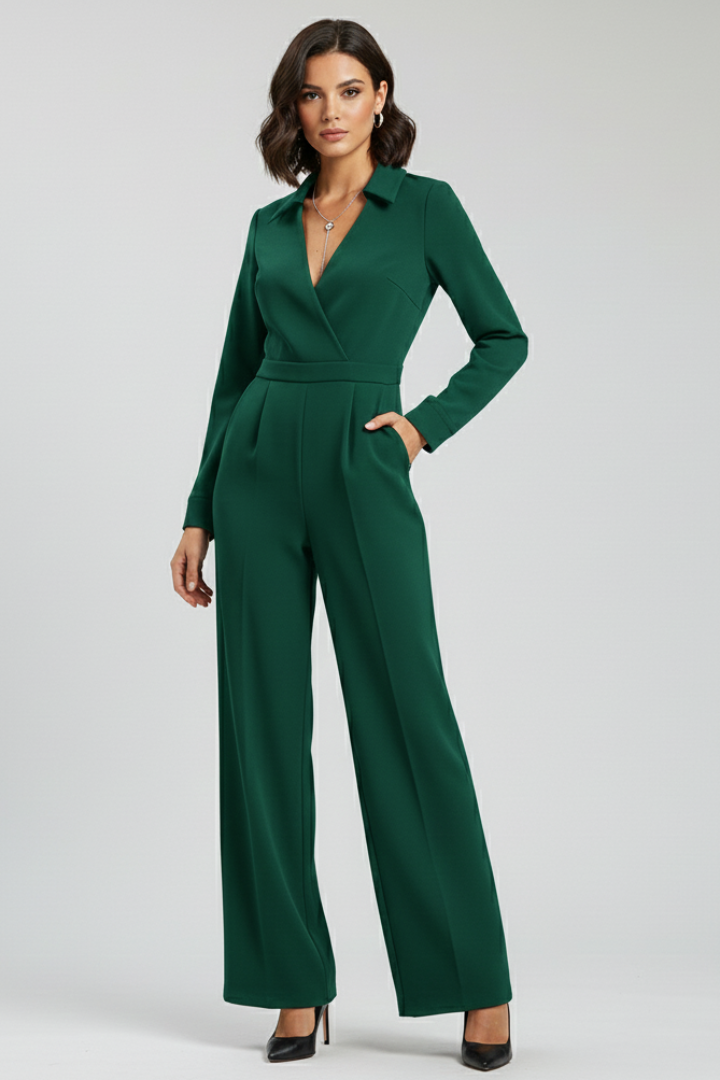 Dames Getailleerde Jumpsuit – Met Kraag en Wijde Pijpen, Geschikt voor Werk en Dagelijks Gebruik