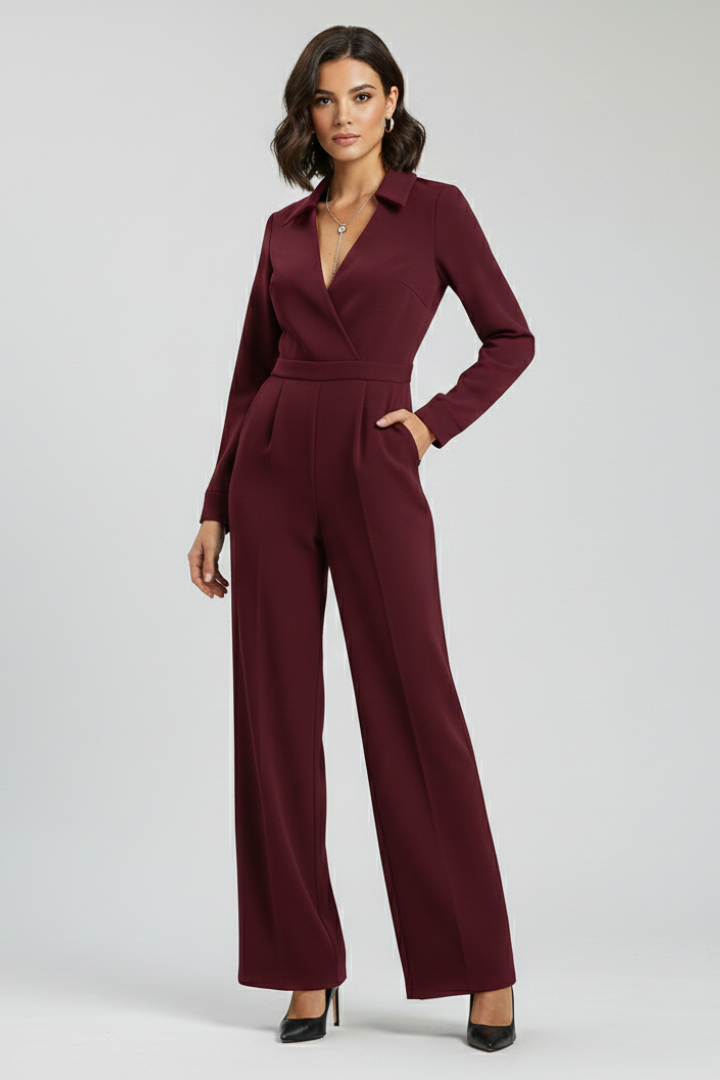 Dames Getailleerde Jumpsuit – Met Kraag en Wijde Pijpen, Geschikt voor Werk en Dagelijks Gebruik