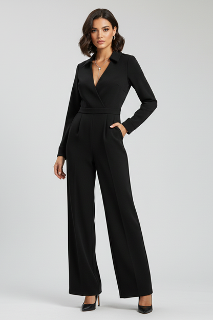 Dames Getailleerde Jumpsuit – Met Kraag en Wijde Pijpen, Geschikt voor Werk en Dagelijks Gebruik