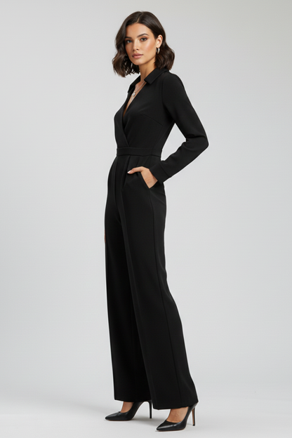Dames Getailleerde Jumpsuit – Met Kraag en Wijde Pijpen, Geschikt voor Werk en Dagelijks Gebruik