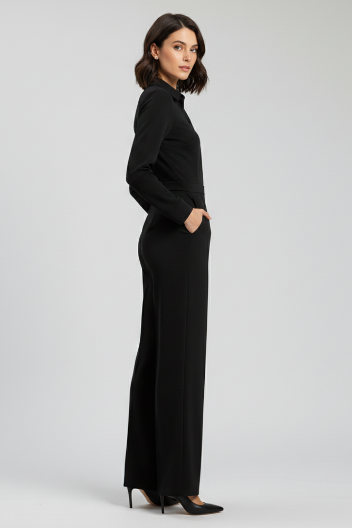 Dames Getailleerde Jumpsuit – Met Kraag en Wijde Pijpen, Geschikt voor Werk en Dagelijks Gebruik
