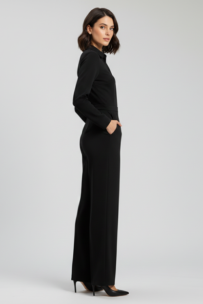 Dames Getailleerde Jumpsuit – Met Kraag en Wijde Pijpen, Geschikt voor Werk en Dagelijks Gebruik