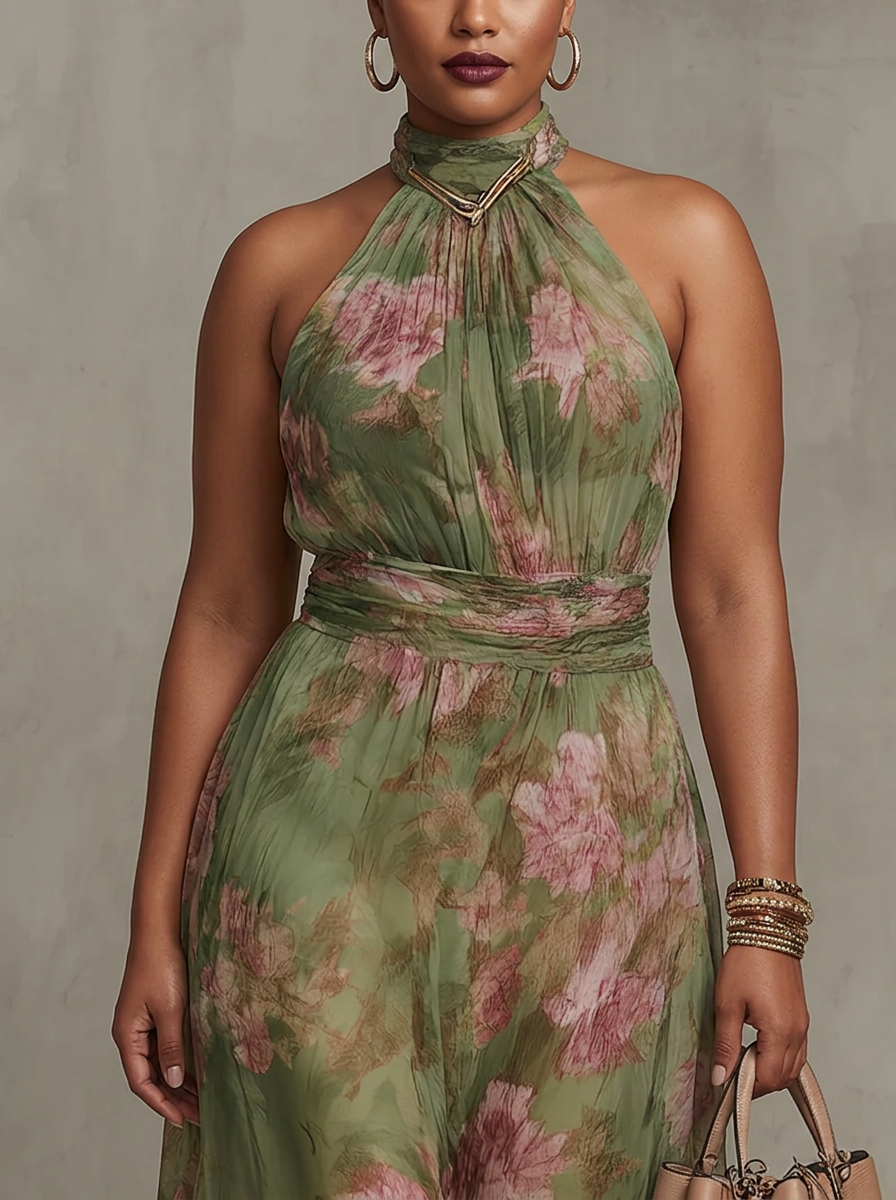 Dames Maxi Jurk Groen Bloemenprint Chiffon Halter