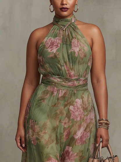 Dames Maxi Jurk Groen Bloemenprint Chiffon Halter