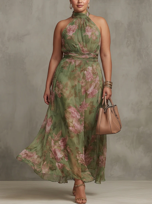 Dames Maxi Jurk Groen Bloemenprint Chiffon Halter