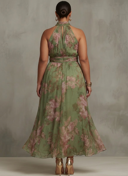Dames Maxi Jurk Groen Bloemenprint Chiffon Halter